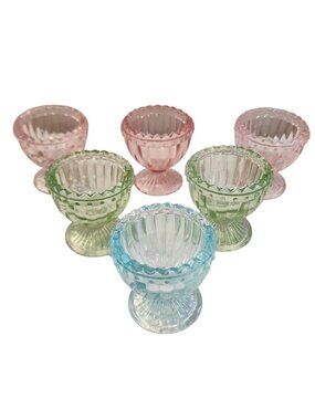 Vintage Multi Colored Ribbed Glass Egg Coddlers / Salt Cellars Set Of 6